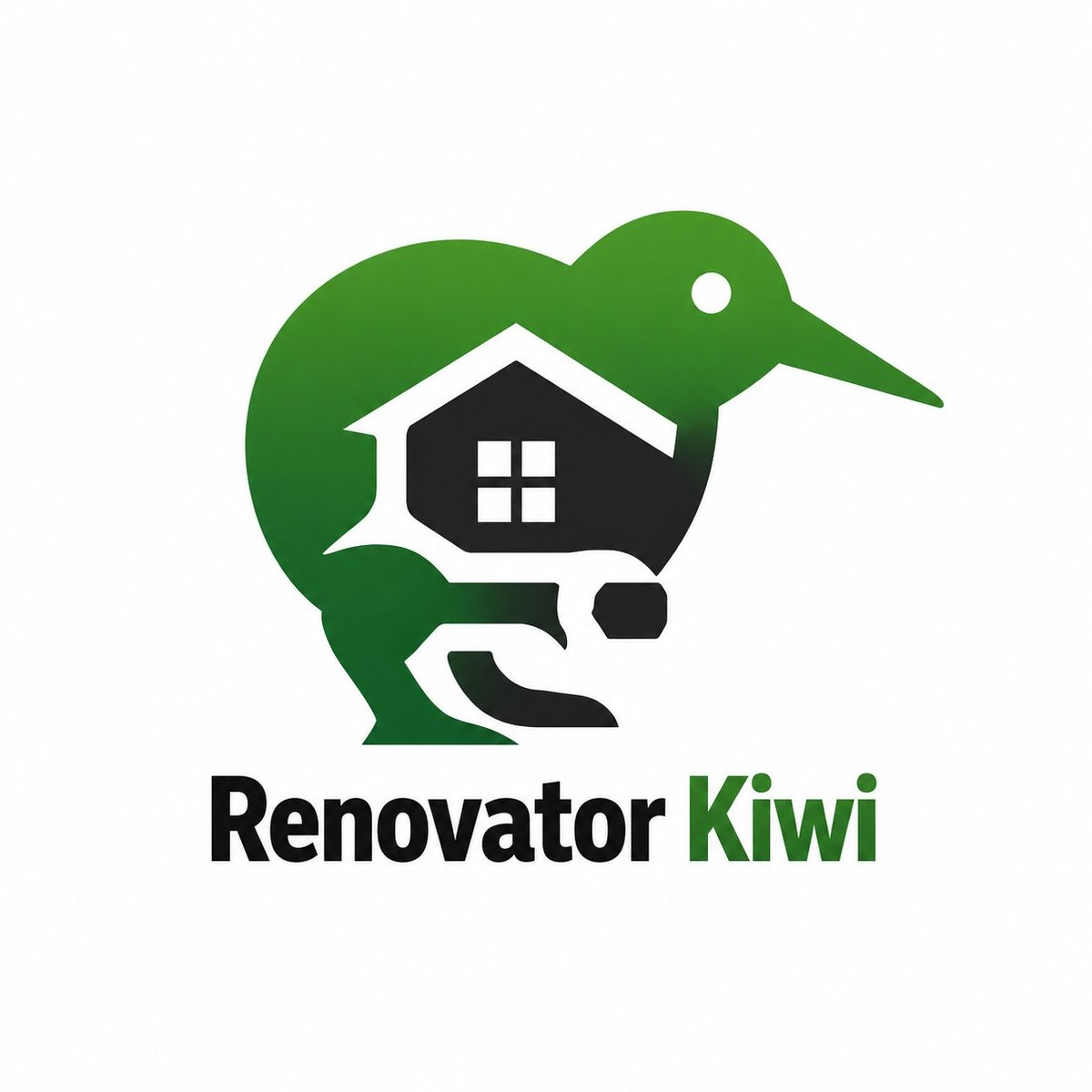 Renovator Kiwi logo — green kiwi bird holding a house with tools